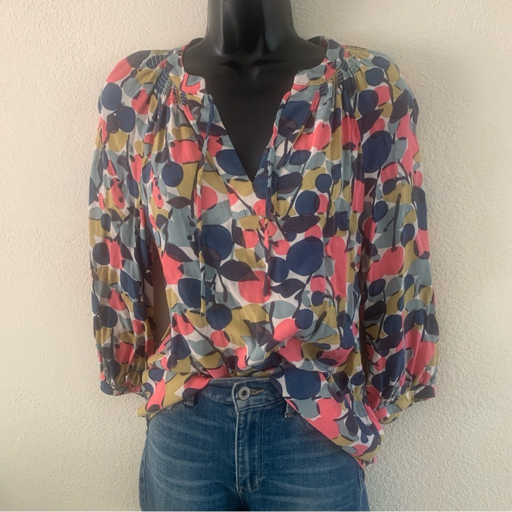 Boden Peasant Top Size 4 Abstract Floral Print Tie Neck Shirt Blouse 3/4 Sleeve